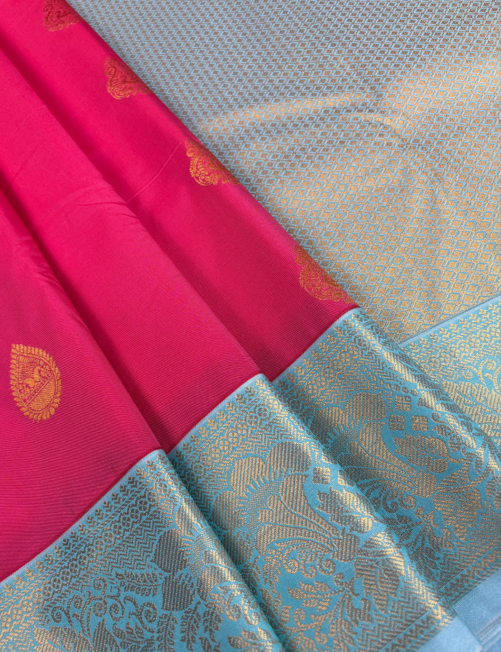 Rani Rose Soft Semi Silk Kanjivaram Saree with Sky Blue Korvai Border