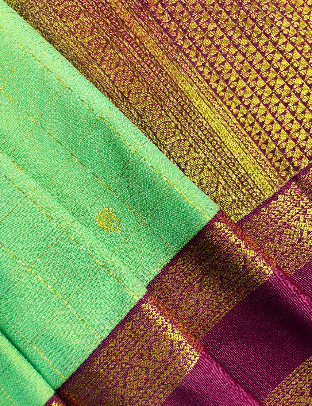 Light green Soft Semi Silk Kanjivaram Saree with Magenta Korvai Zari Border