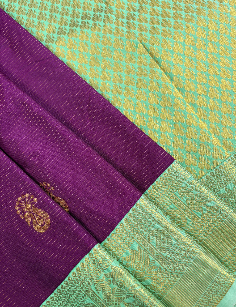 Magenta Soft Semi Silk Kanchipuram Saree with Pastel Green Gold Zari Border