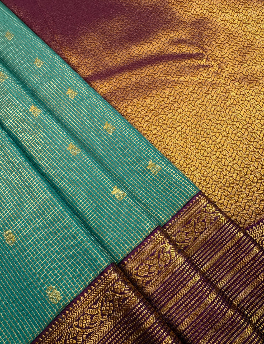 Jade Green Checked Semi Silk Saree with Contrast Purple Zari Border & Gold Motifs