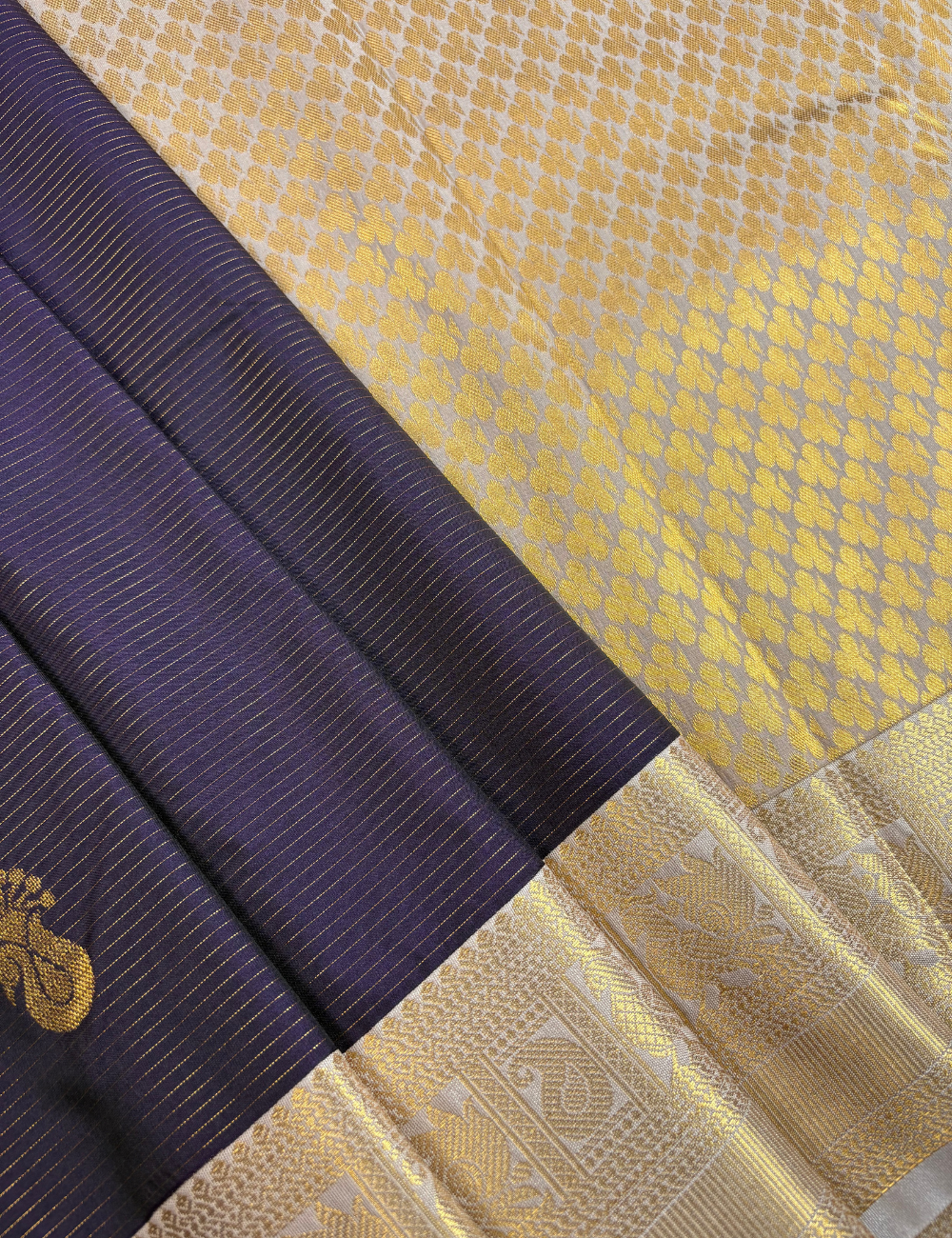 Deep Wine Purple Semi Silk Kanjivaram Saree with Korvai Cream Gold Zari Brocade Border