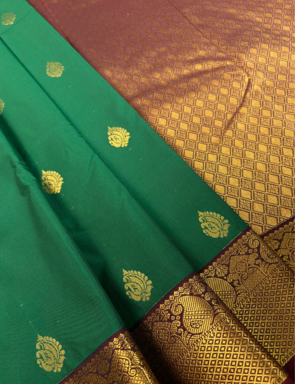 Bottle Green Soft Semi Silk Saree with Maroon Korvai Zari Border