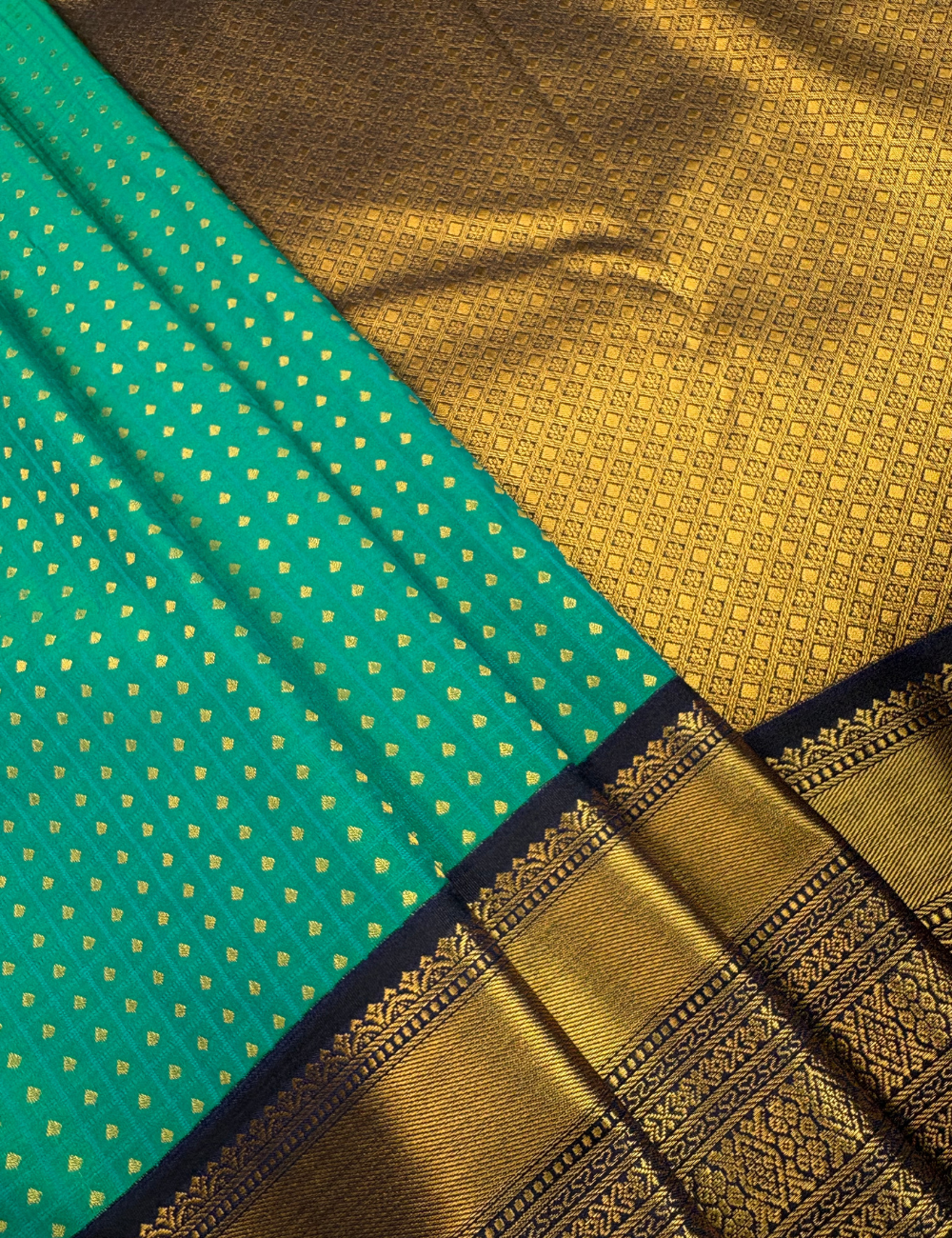 Emerald Green Soft Semi Silk Kanjivaram Saree with Dark Navy Zari Korvai Border