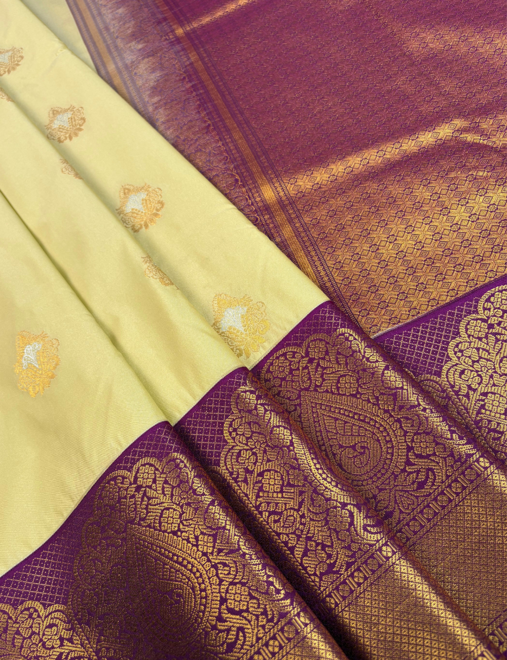 Ivory Soft Semi Silk Kanjivaram Saree with Korvai Magenta Border