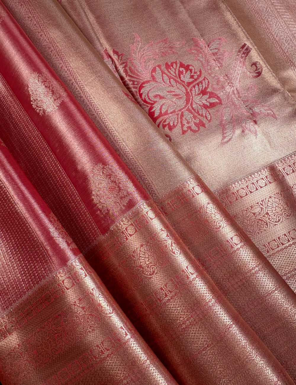 Peach Semi Kanjivaram Tissue Silk Saree with Gold Zari Border