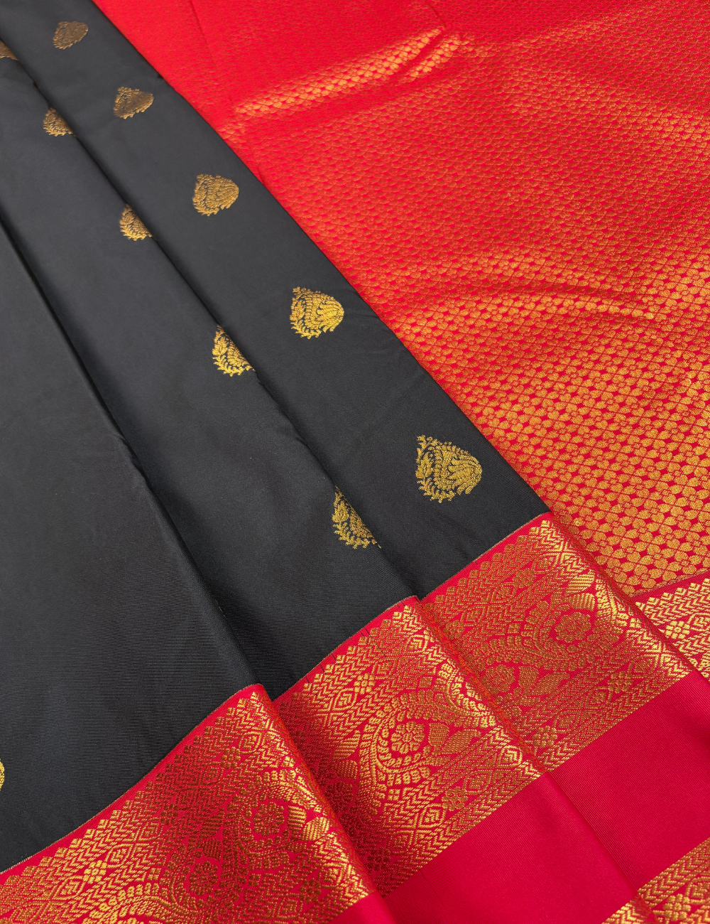 Black Soft Semi Silk Kanjivaram Saree with Red Korvai Border