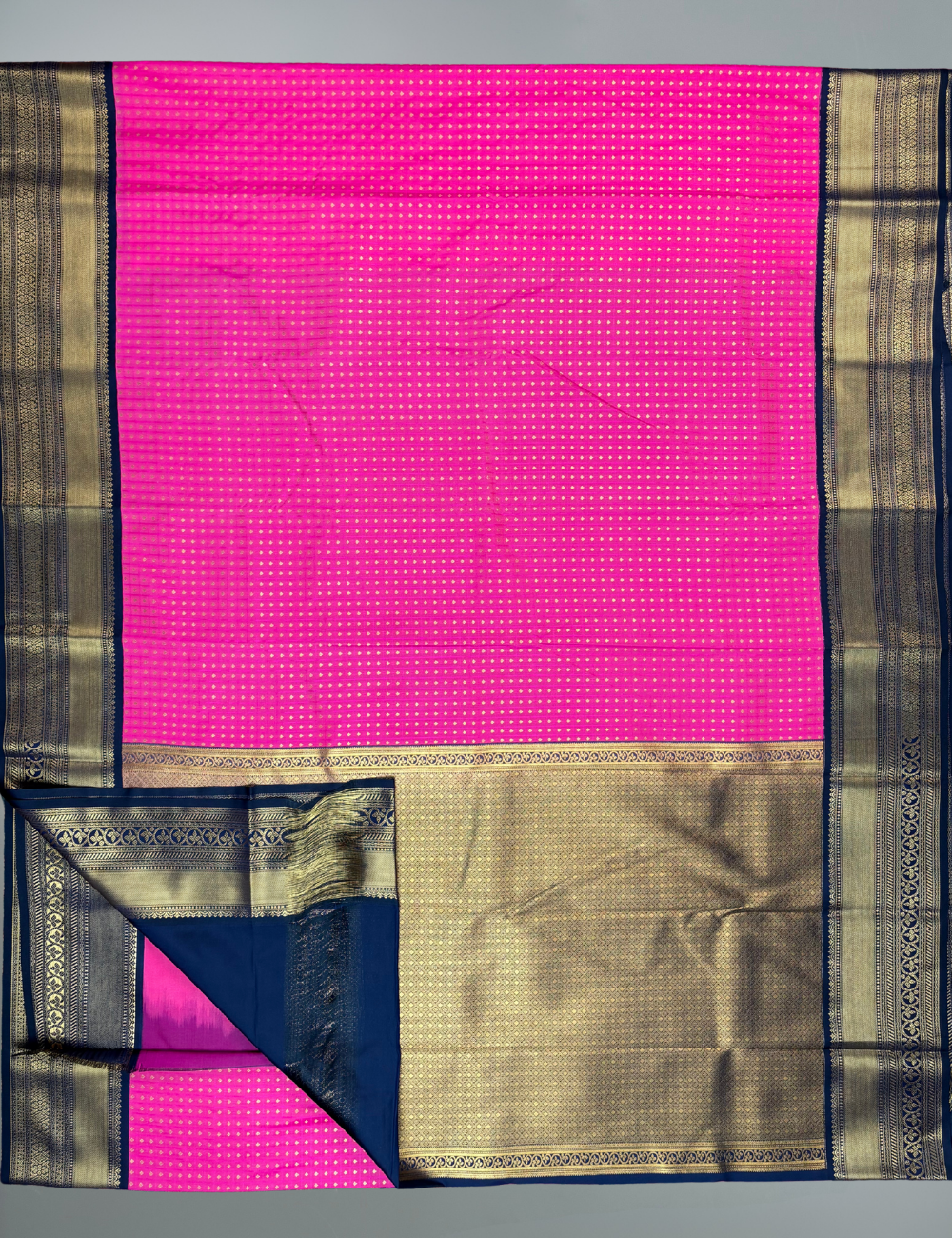 Rose Soft Semi Silk Kanjivaram Saree with Navy Korvai Border