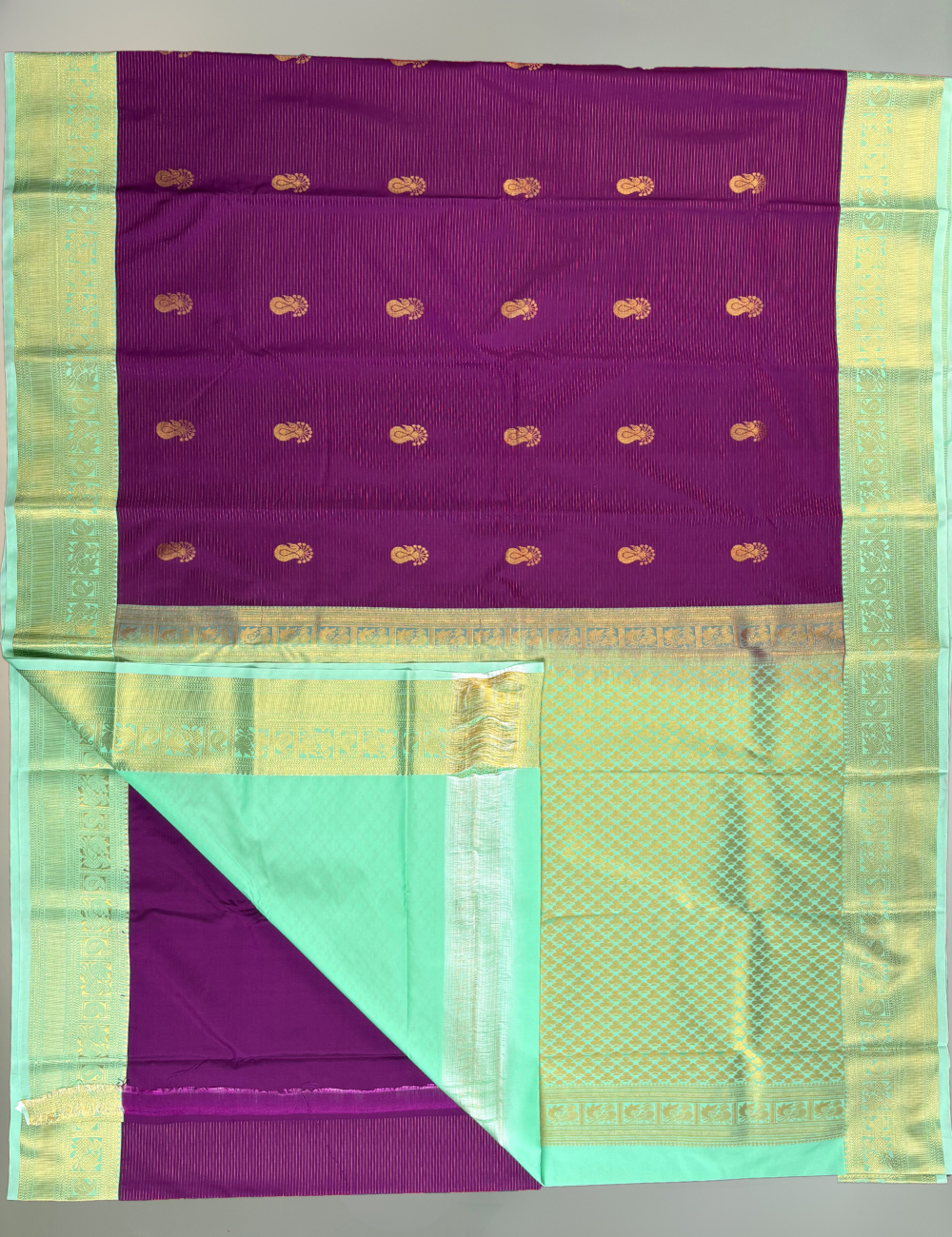 Magenta Soft Semi Silk Kanchipuram Saree with Pastel Green Gold Zari Border