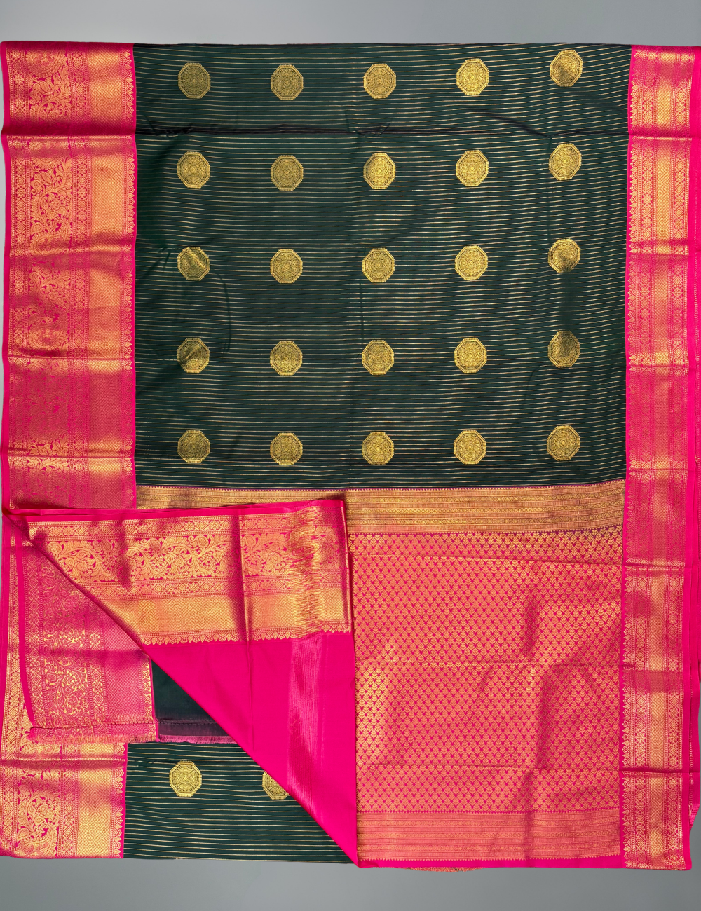 Deep Bottle green soft semi silk kanjivaram saree with pink korvai border