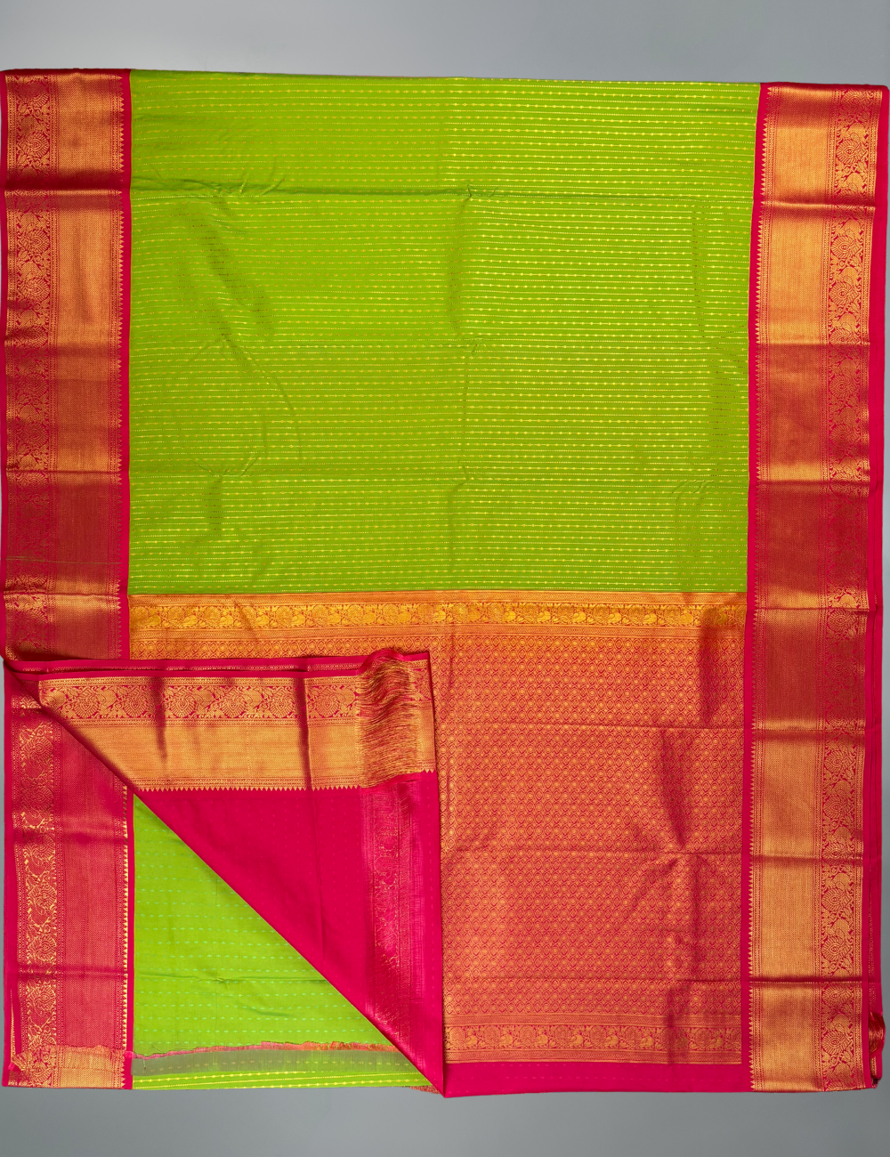 Lime Green Soft Semi Silk Kanjivaram Saree with Rani Pink Korvai Zari Border