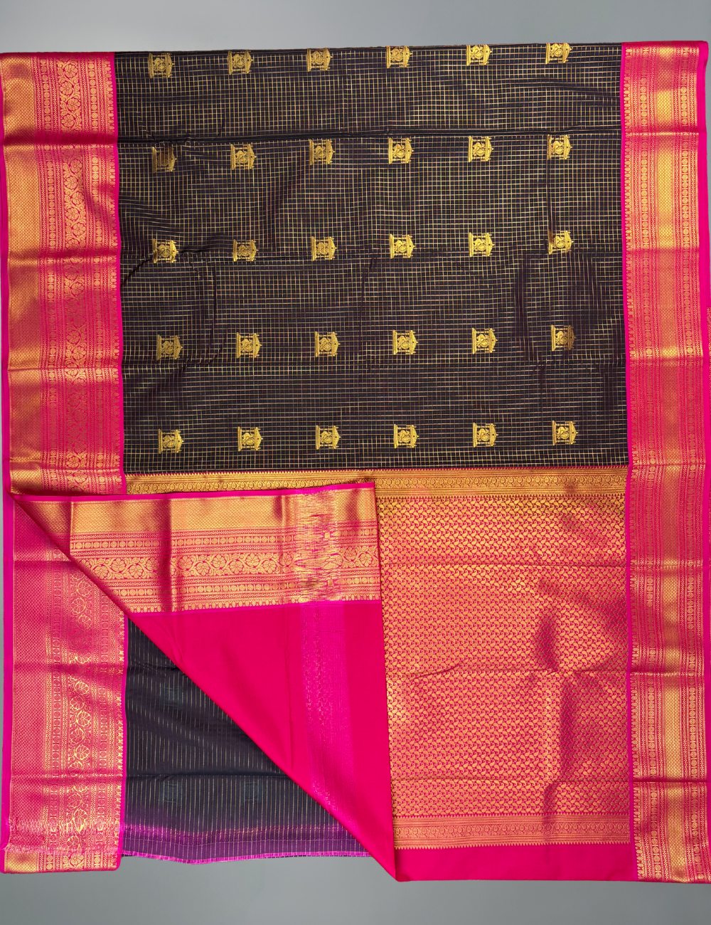 Black soft Kanjivaram Semi Silk Saree with Pink Rose Border