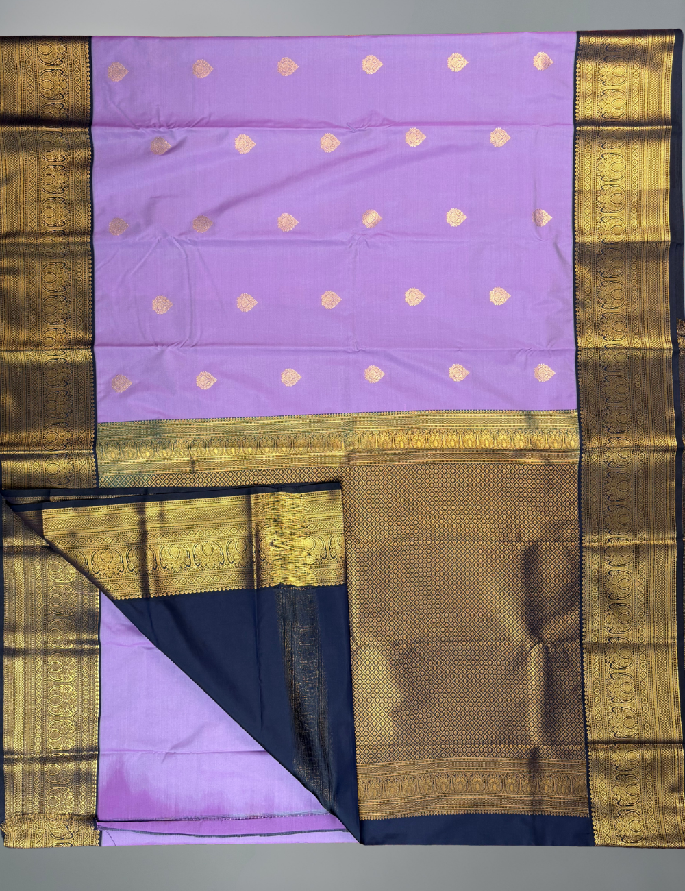 Lavender Soft Kanjivaram Semi Silk Saree with Deep Navy Korvai Zari Border