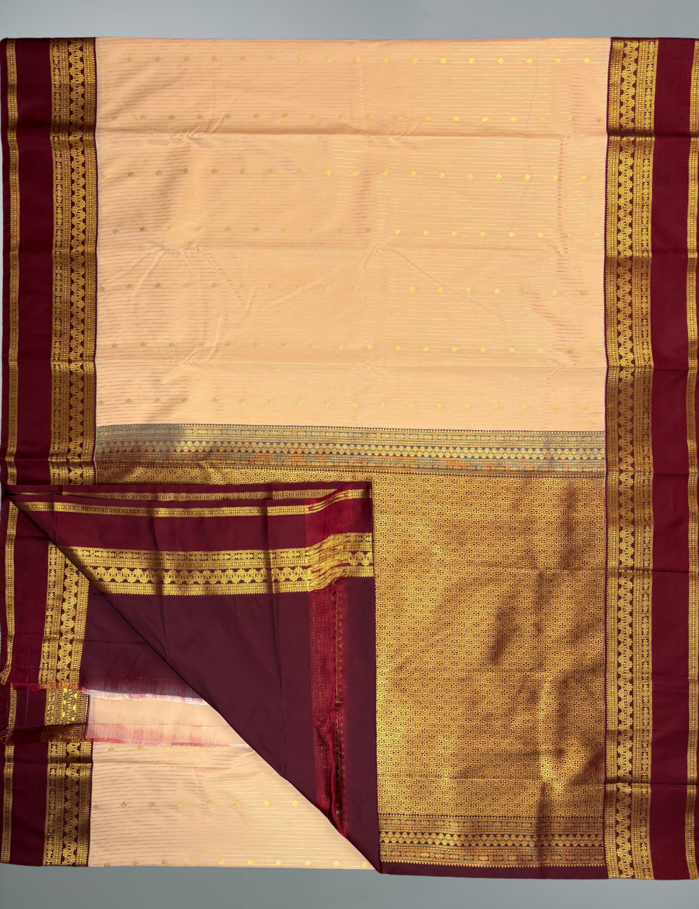Peach Soft Semi Silk Kanjivaram Saree with Korvai Brown Border