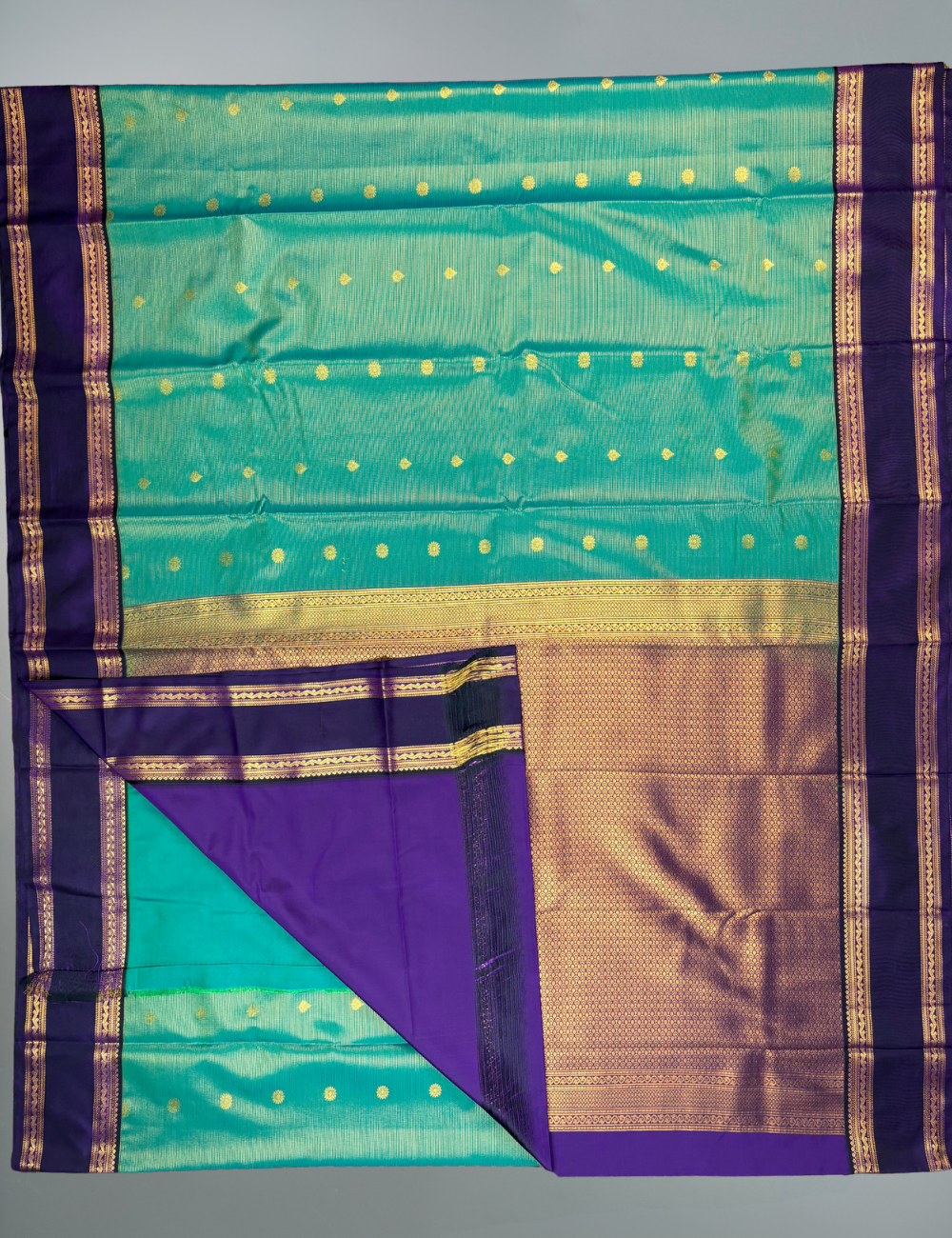 Rama green Soft Semi Silk Kanjivaram Saree with Violet Korvai Zari Border