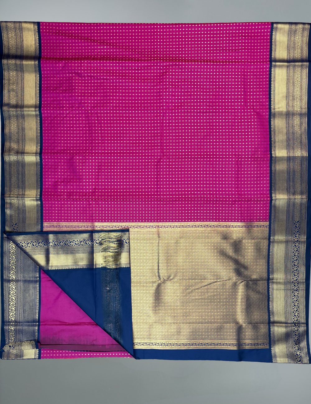 Deep Magenta Soft Kanjivaram Semi Silk Saree with Contrast Dark Navy Korvai Zari Border