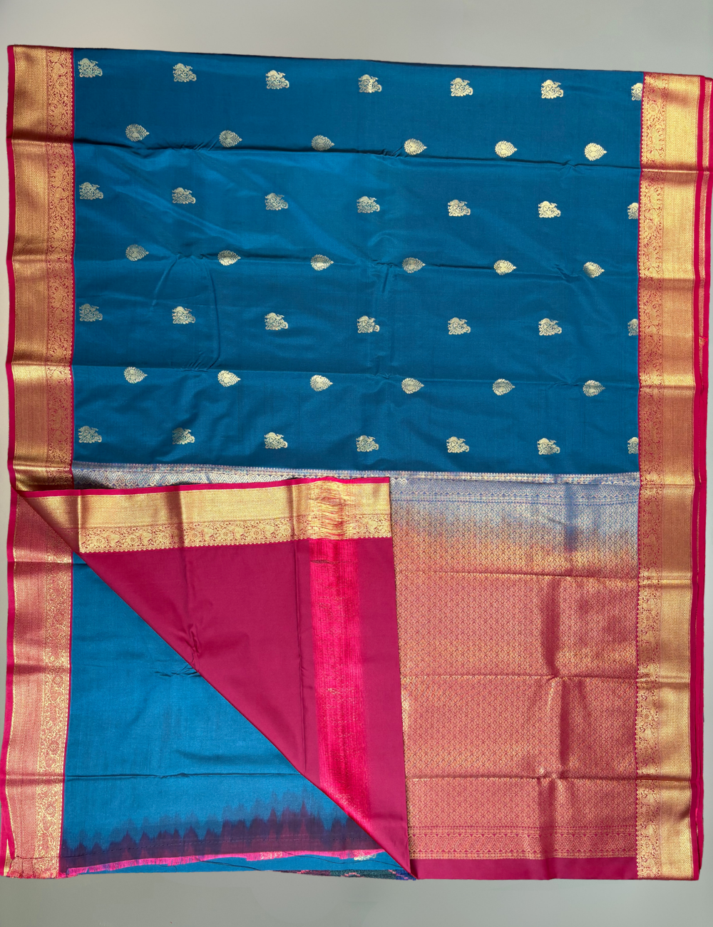 Peacock Blue Soft Semi Silk Kanjivaram Saree with Red Korvai Zari Border