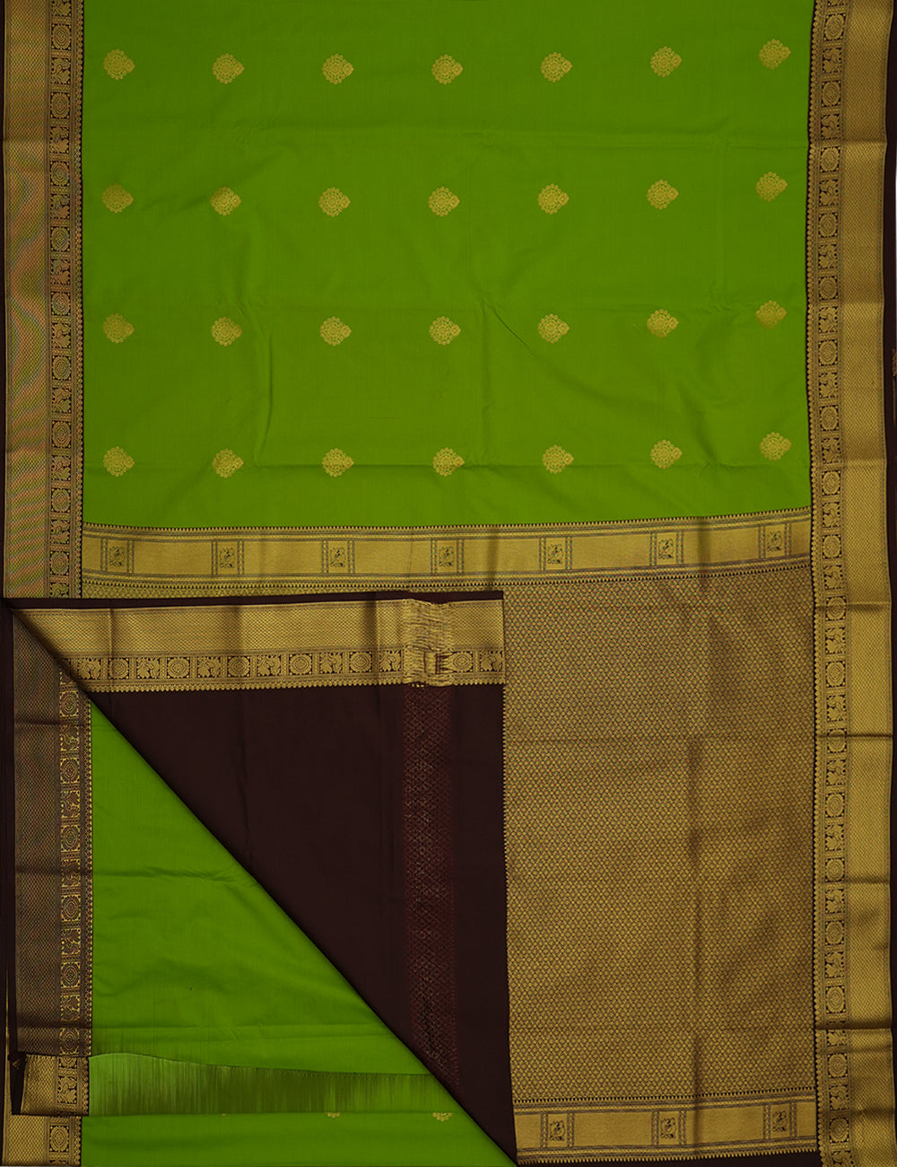 Parrot Green Soft Semi Silk Kanjivaram with Deep brown Border