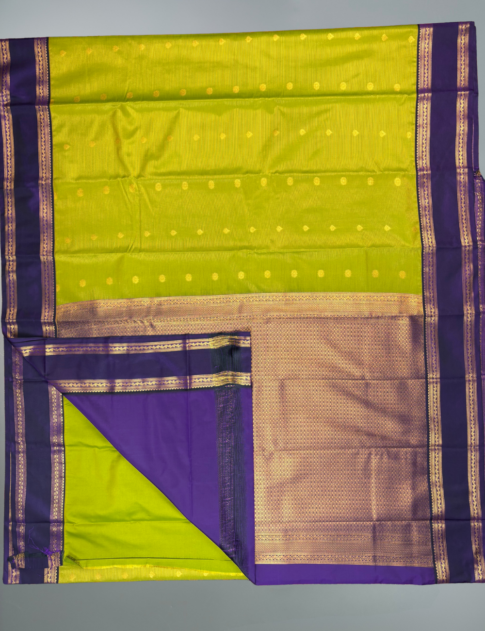 Parrot Green Soft Semi Silk Kanjivaram Saree with Violet Border