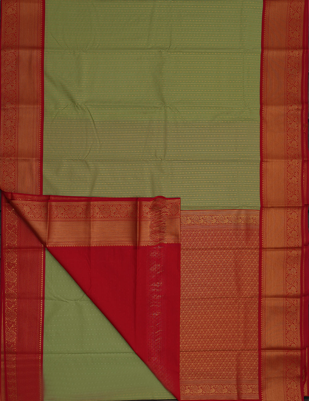 Cardamom Green Soft Semi Silk Kanjivaram Saree with Rich Red Korvai Zari Border