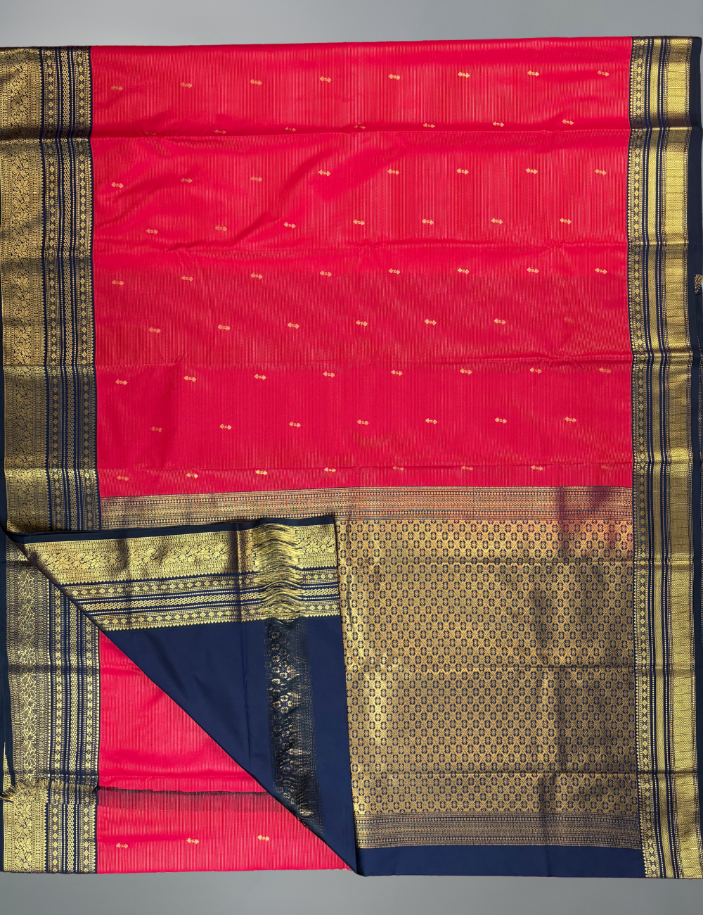 Red Kanjivaram Style Semi Silk Saree with Navy Blue Rich Golden Zari Border
