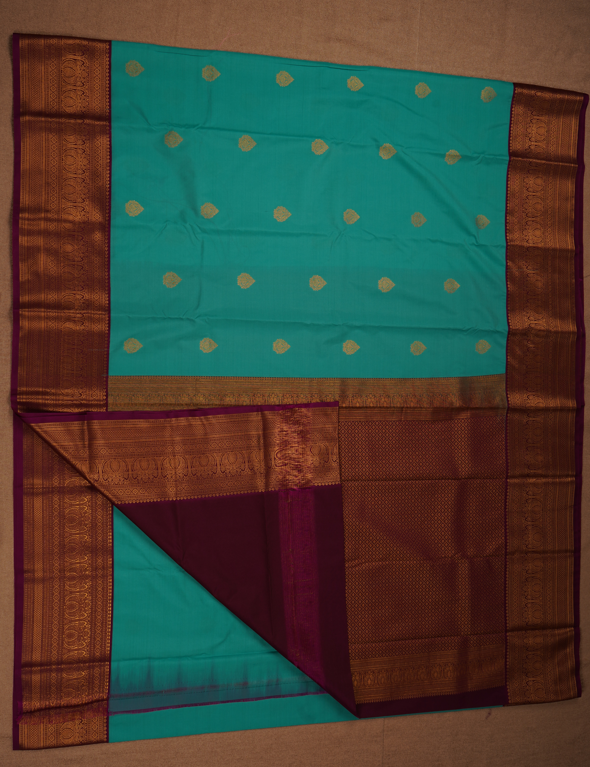Sea Green Soft Semi Silk Kanjivaram Saree with Korvai Rich Magenta Zari Border