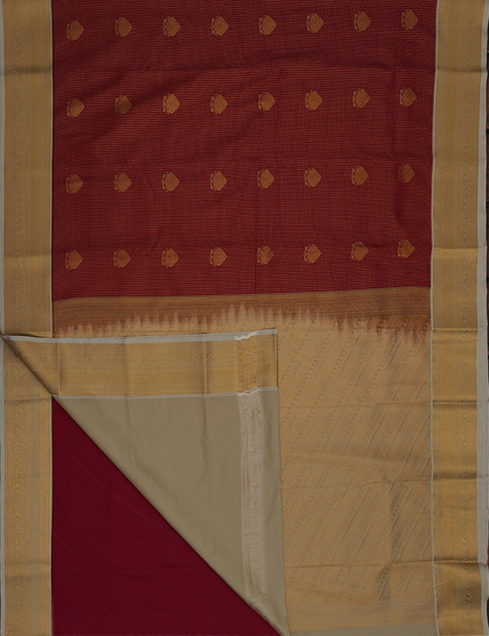 Deep Maroon Soft Semi Silk Checked Kanjivaram Saree with Half White Korvai Zari Border