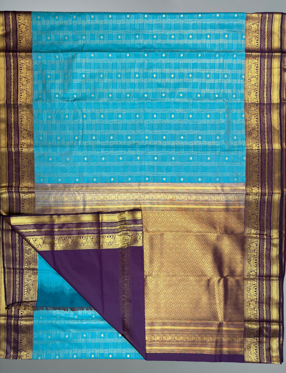 Teal Blue Soft  Kanjivaram Semi Silk Saree with Zari Check Purplish Brown Elephant Motif Border