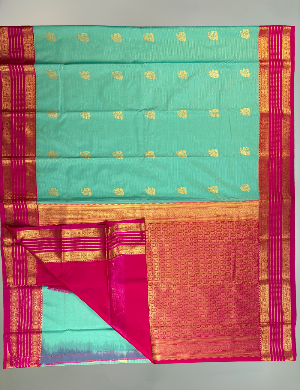 Sea Blue Soft Semi Silk Kanjivaram Saree with Rani Rose Korvai Gold Zari Border