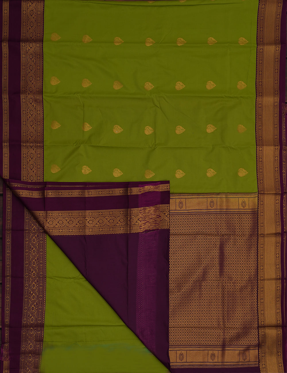 Leaf Green Soft Semi Silk Kanjivaram Saree with Rich Purple Korvai Zari Border