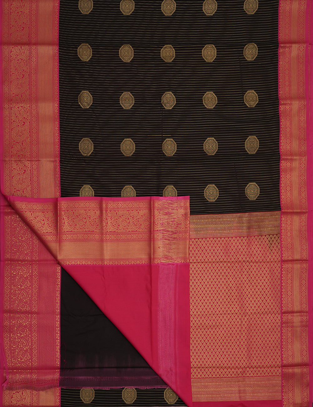 Black Soft Semi Silk Kanjivaram Saree with Body Lines and Rich Rose Zari Border