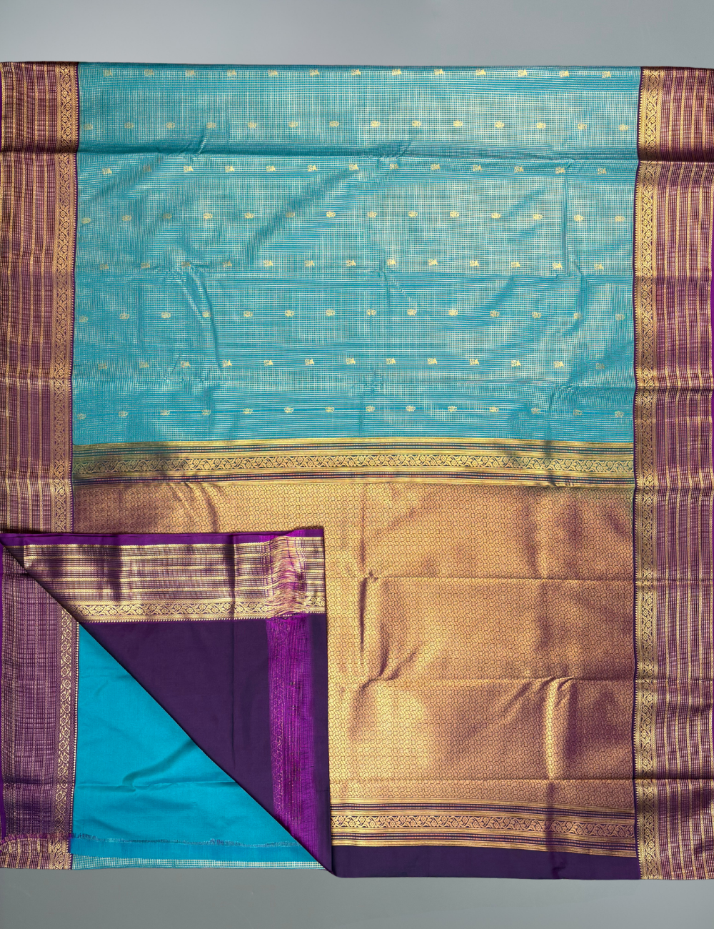 Jade Green Checked Semi Silk Saree with Contrast Purple Zari Border & Gold Motifs