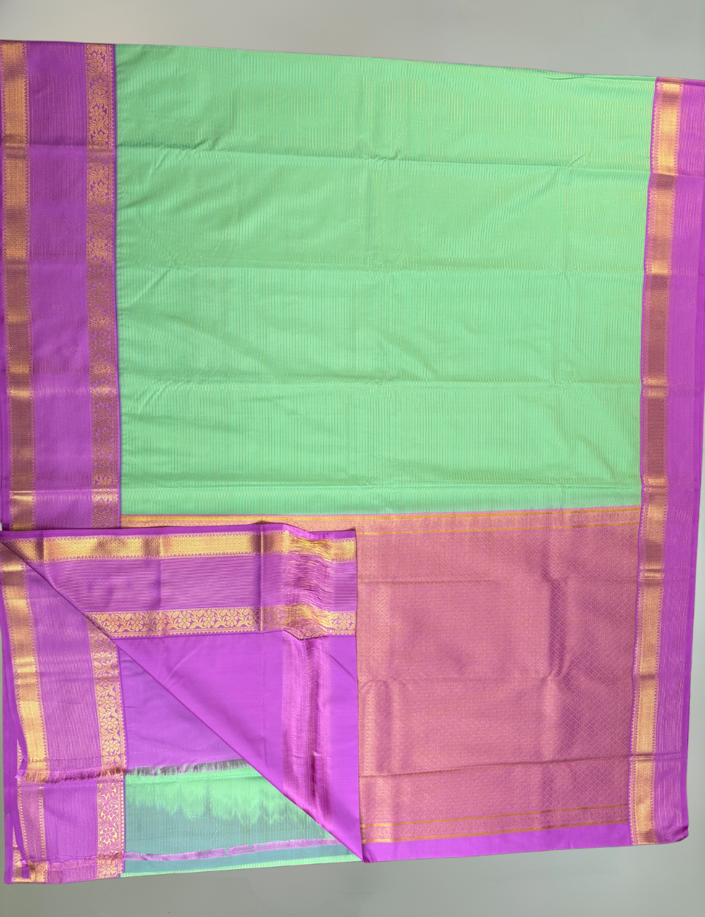 Sea Green Soft Semi Silk Kanjivaram Saree with Lavender Korvai Zari Border