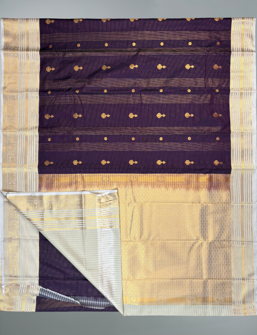 Dark Purple Soft Semi Silk Kanjivaram Saree with Cream Korvai Border