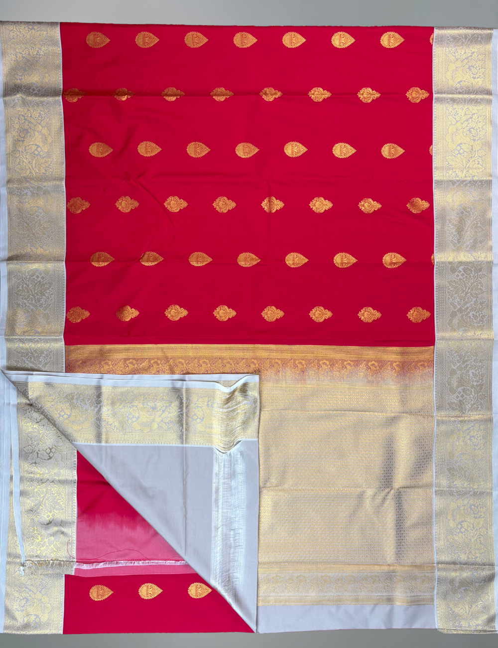 Vivid Crimson Red Kanjivaram Semi Silk Saree with Light Grey Brocade Zari Border