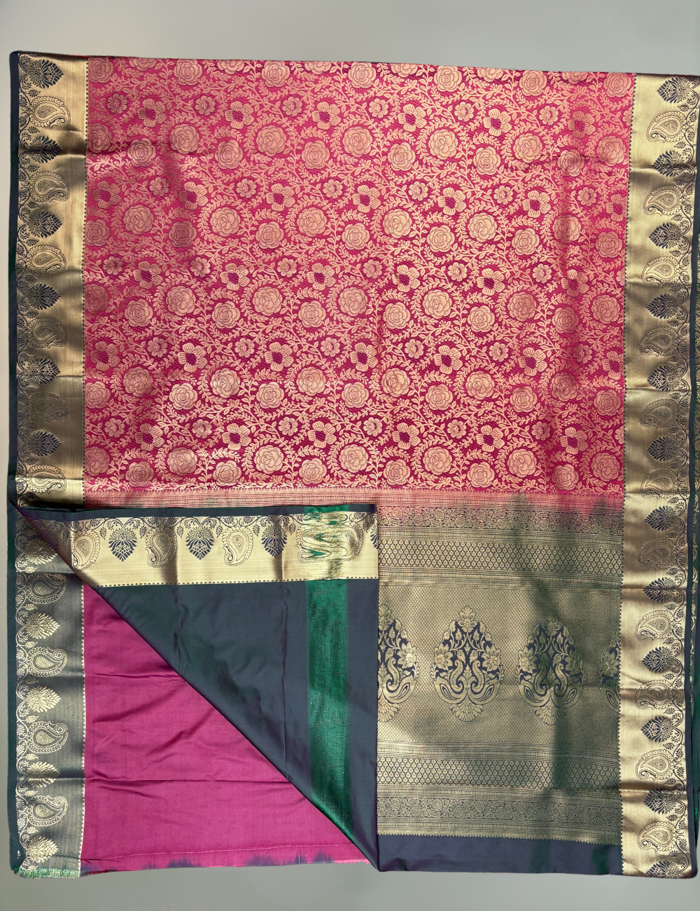 Red Soft Semi Silk Brocade Kanjivaram Saree with Olive Korvai Gold Zari Border