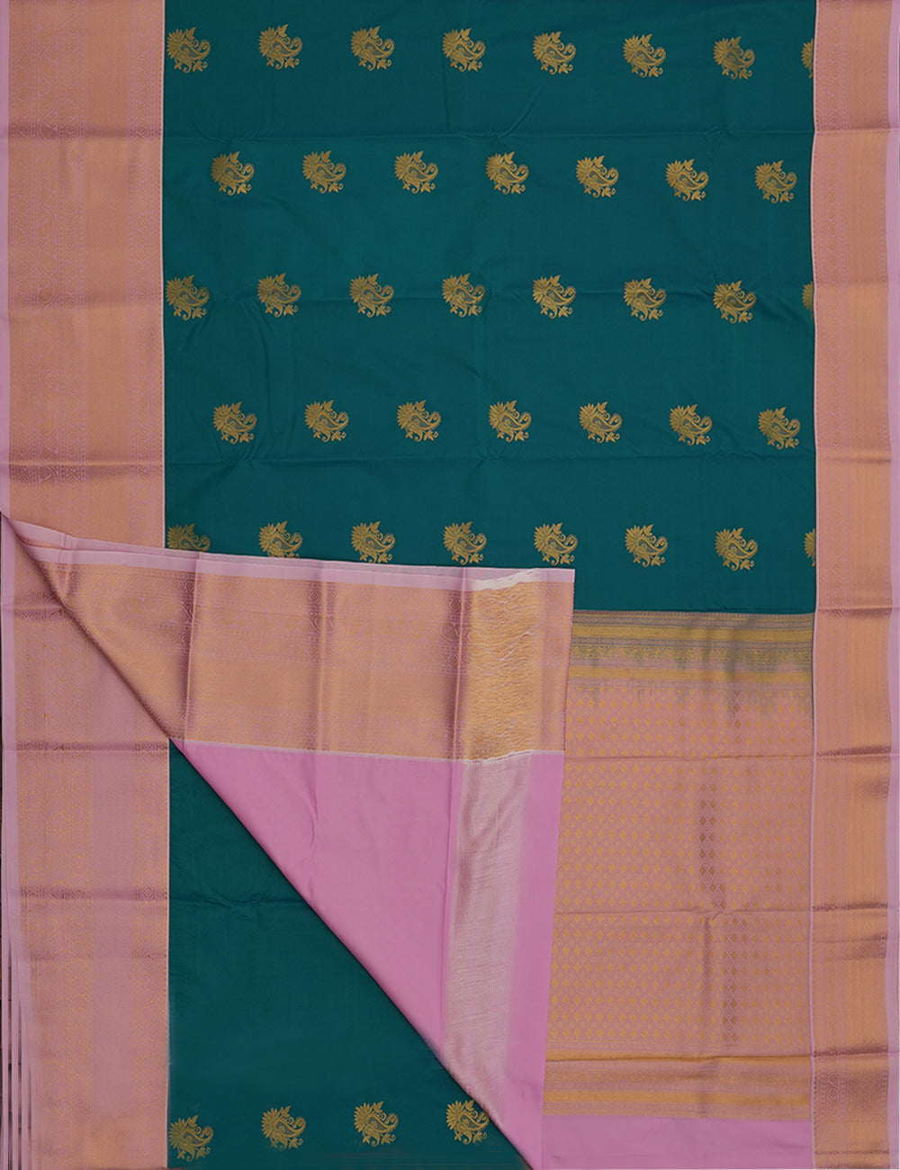 Teal Green Soft Semi Silk Kanjivaram Saree with Elegant Rose Korvai Zari Border