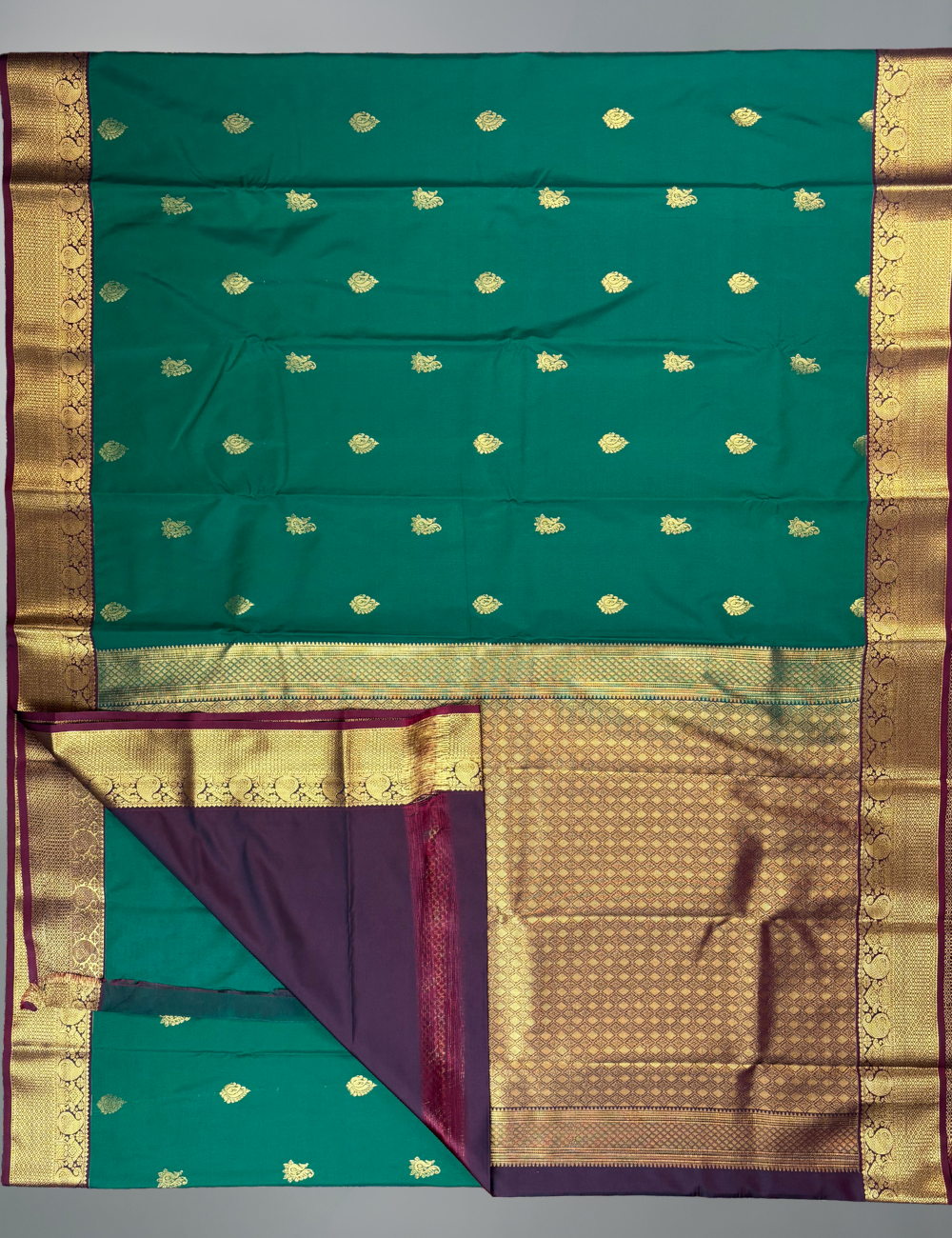 Bottle Green Soft Semi Silk Saree with Maroon Korvai Zari Border