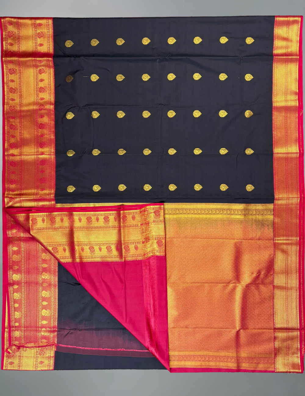 Black Soft Semi Silk Kanjivaram Saree with Red Korvai Gold Zari Border