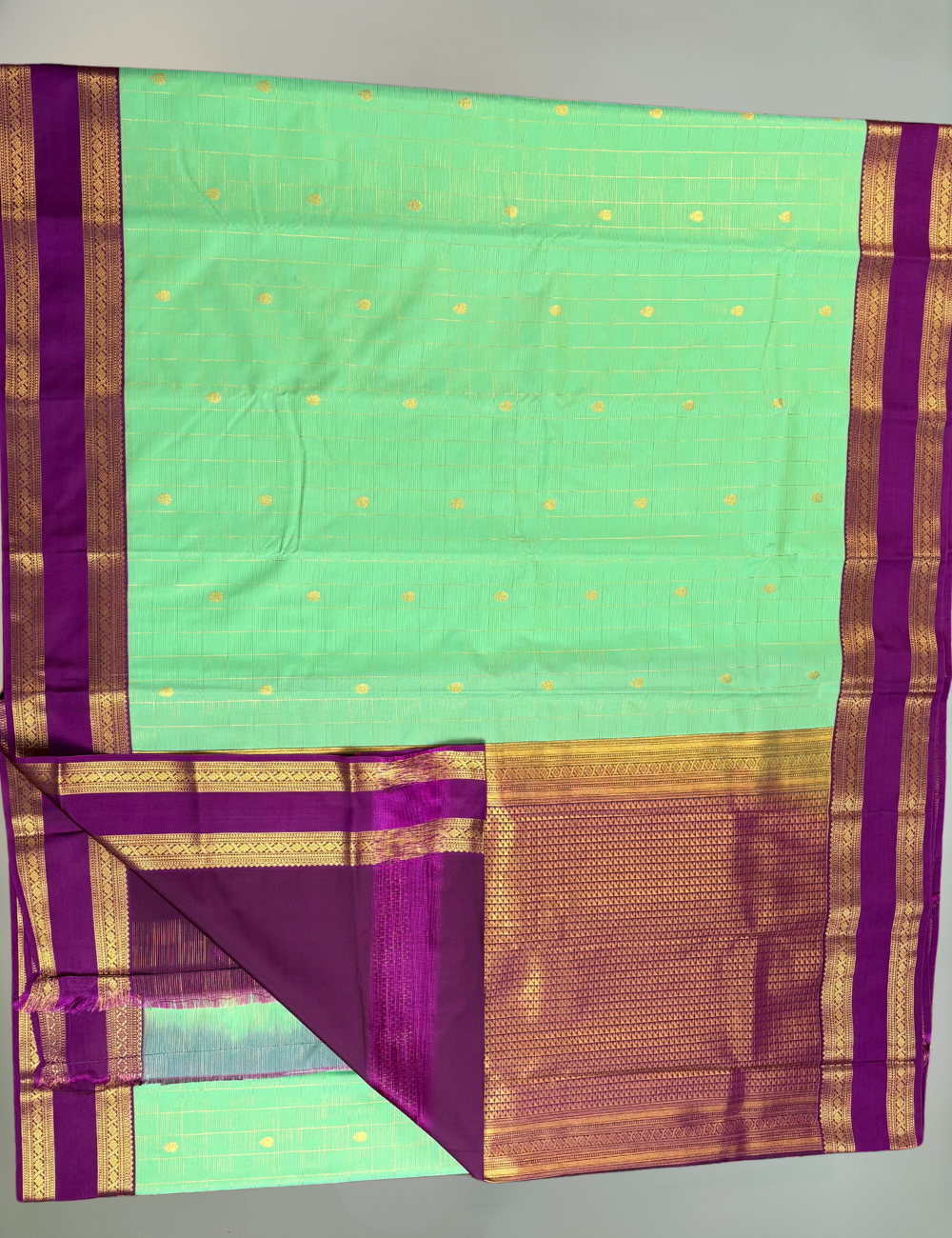 Light green Soft Semi Silk Kanjivaram Saree with Magenta Korvai Zari Border