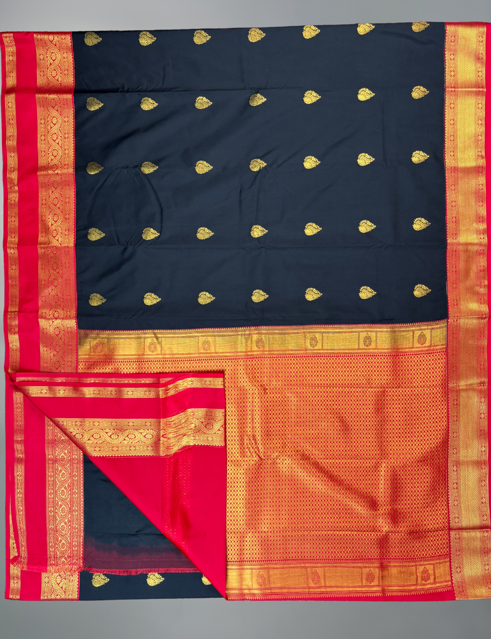 Black Soft Semi Silk Kanjivaram Saree with Red Korvai Border