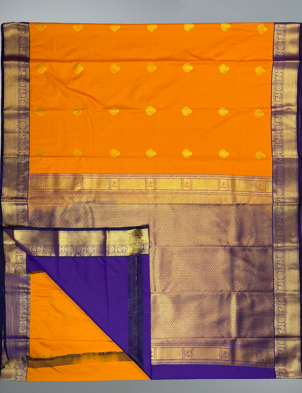 Mustard Yellow Soft Semi Silk Kanjivaram Saree with Royal Violet Korvai Zari Border