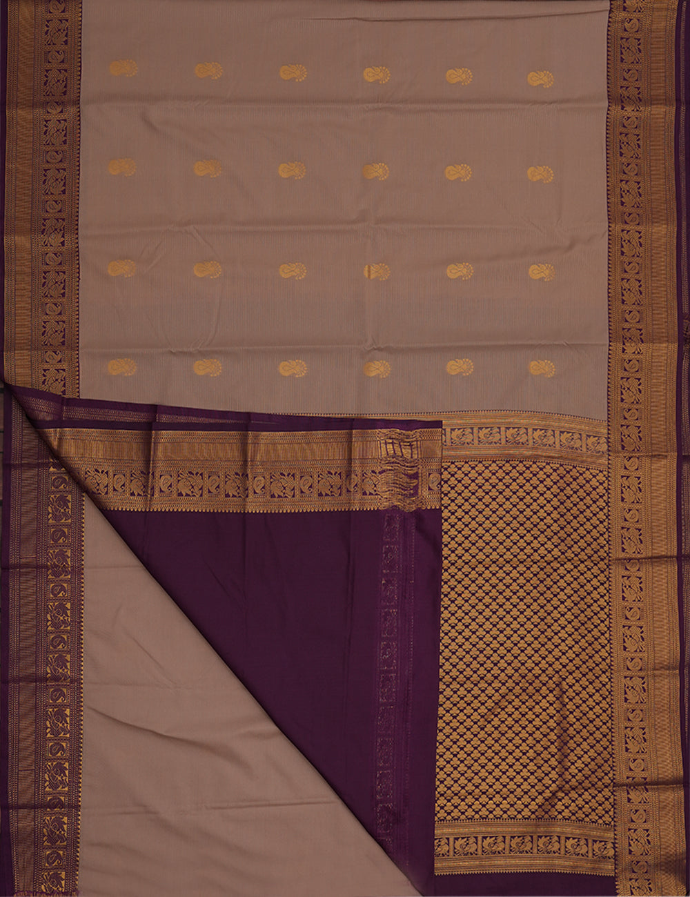 Muted Beige Soft Semi Silk Kanjivaram Saree with Rich Purple Korvai Zari Border