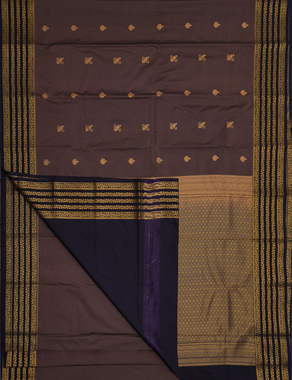 Cocoa Brown Soft Semi Silk Kanjivaram Saree with Plum Blue Korvai Zari Border