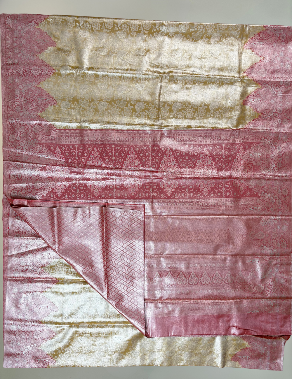 Radiant Yellow Gold & Crimson Red Tissue Kanjivaram Semi Silk Saree with Paisley Motifs