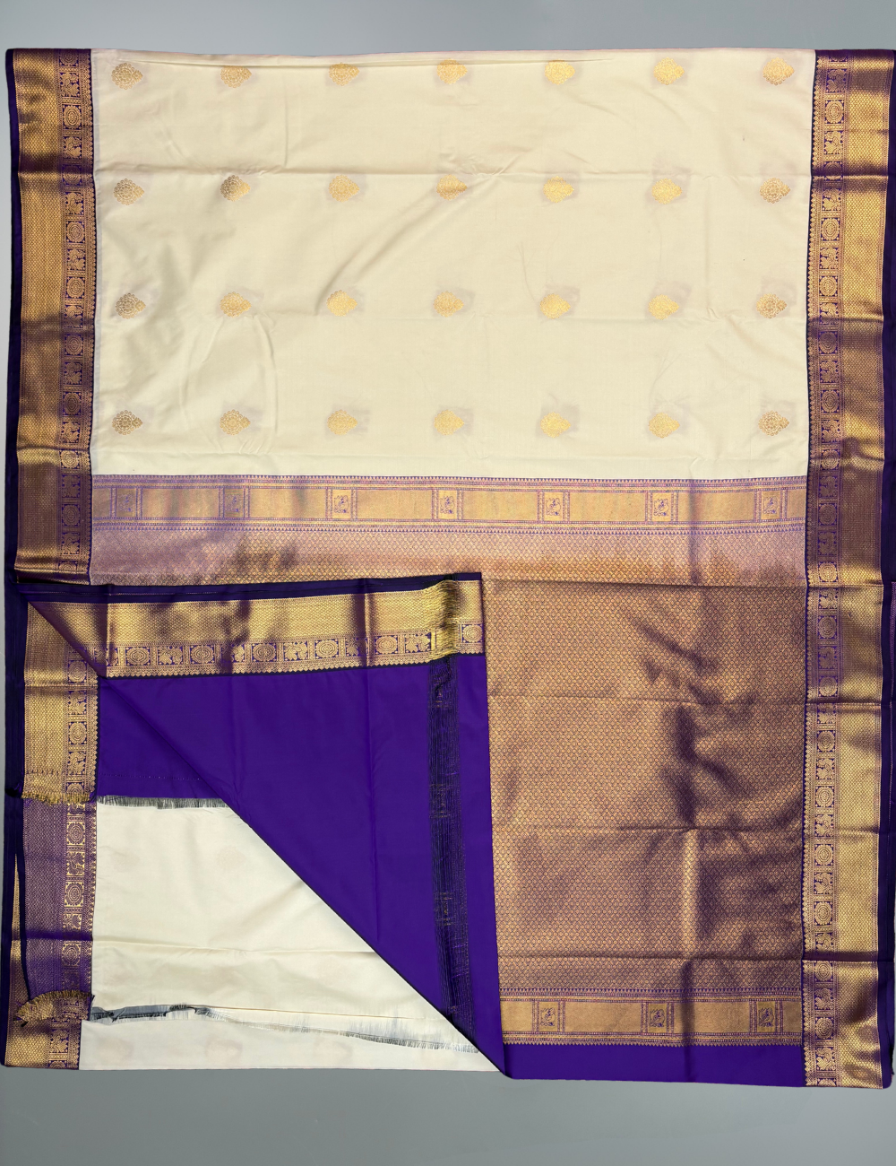 Cream Soft Semi Silk Kanjivaram Saree with Royal Violet Korvai Zari Border