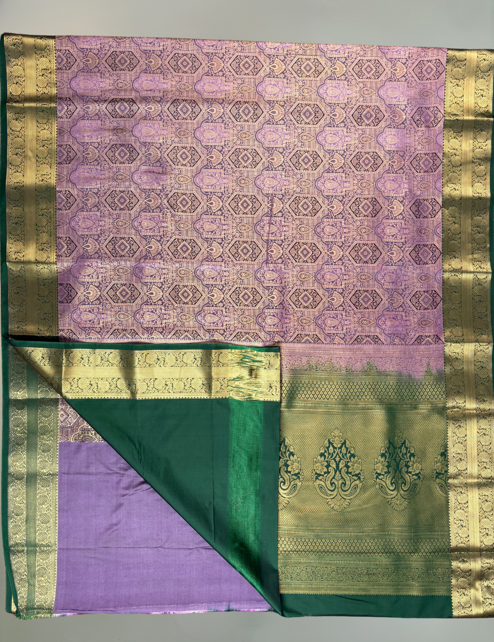 Lavender Purple Brocade Kanjivaram Semi Silk Saree with Antique Gold Zari Green Border