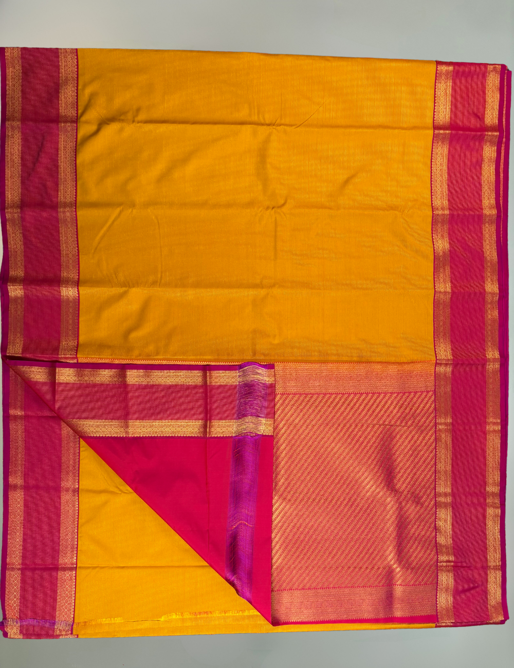 Mustard Yellow Soft Semi Silk Kanjivaram Saree with Magenta Pink Gold Zari Border