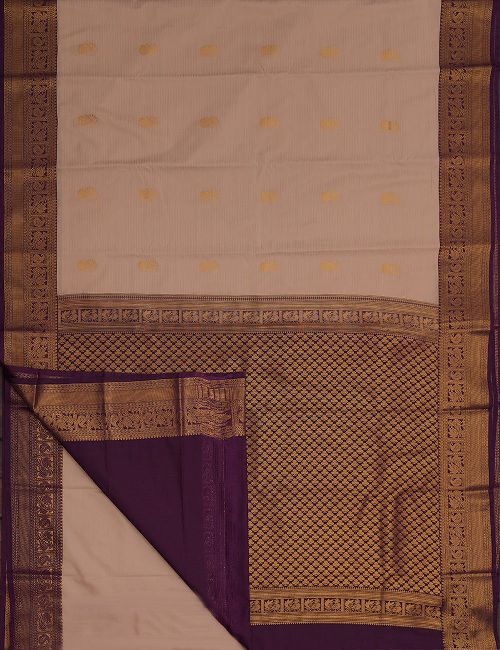 Elegant Beige Soft Semi Silk Kanjivaram Saree with Royal Purple Zari Border