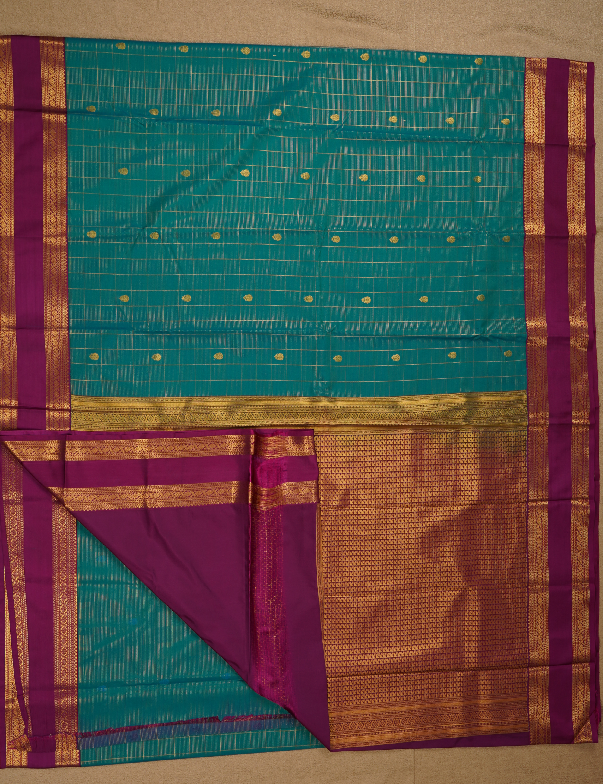 Peacock Green Soft Semi Silk Kanjivaram Saree with Magenta Korvai Zari Border