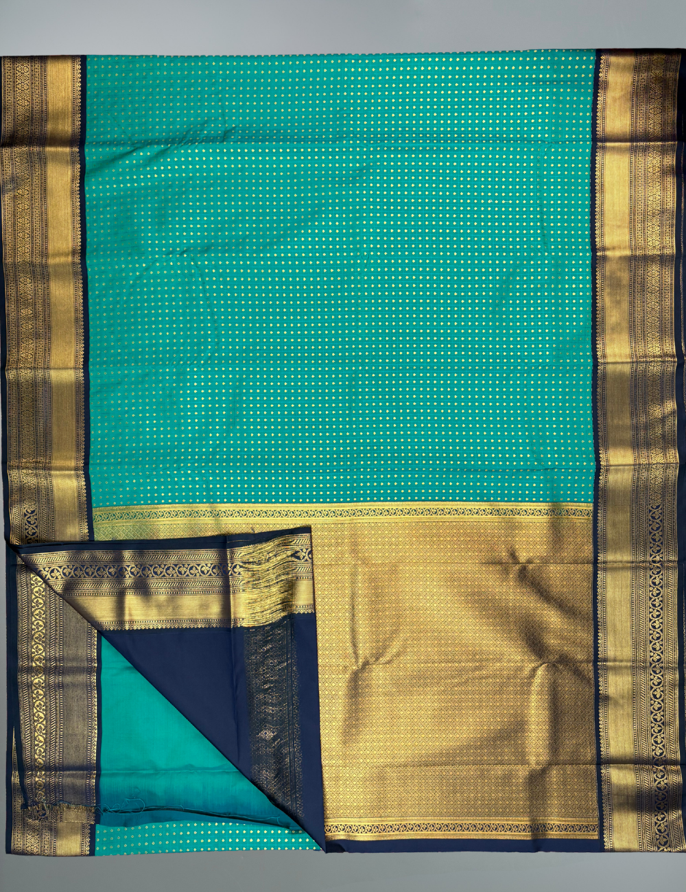 Emerald Green Soft Semi Silk Kanjivaram Saree with Dark Navy Zari Korvai Border